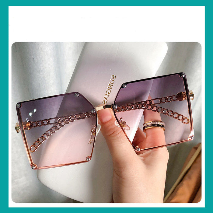 Frameless Big Square Sunglasses Women Fashion Personality Metal Chain Trendy Glasses