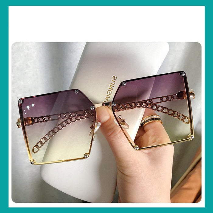 Frameless Big Square Sunglasses Women Fashion Personality Metal Chain Trendy Glasses