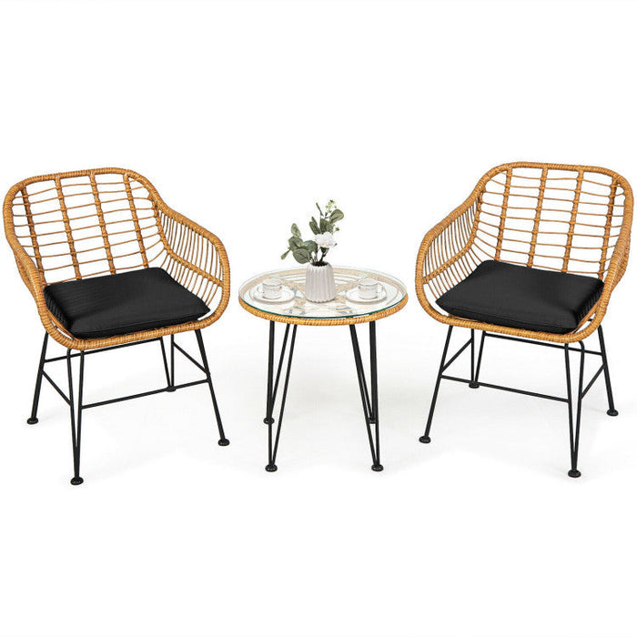 3 Pieces Rattan Furniture Set With Cushioned Chair Table