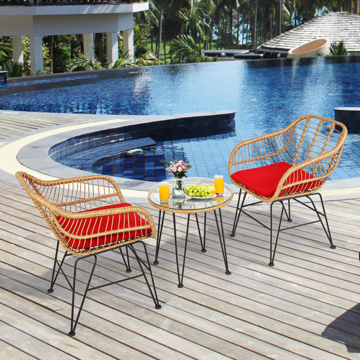 3 Pieces Rattan Furniture Set With Cushioned Chair Table