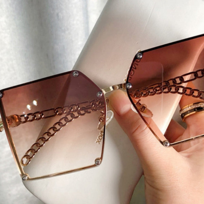 Frameless Big Square Sunglasses Women Fashion Personality Metal Chain Trendy Glasses