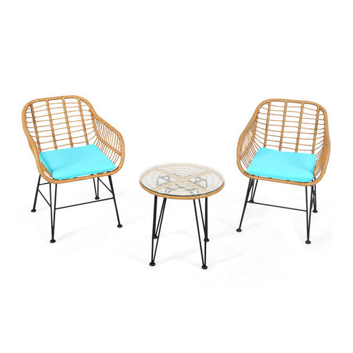 3 Pieces Rattan Furniture Set With Cushioned Chair Table