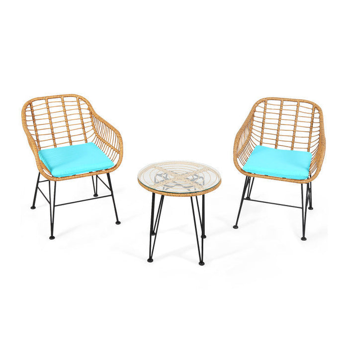 3 Pieces Rattan Furniture Set With Cushioned Chair Table