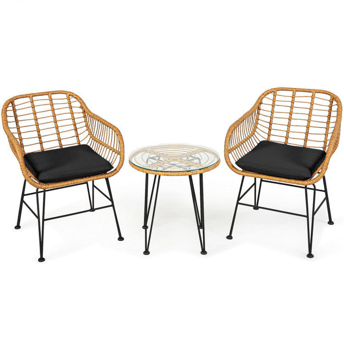 3 Pieces Rattan Furniture Set With Cushioned Chair Table