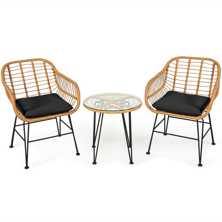 3 Pieces Rattan Furniture Set With Cushioned Chair Table